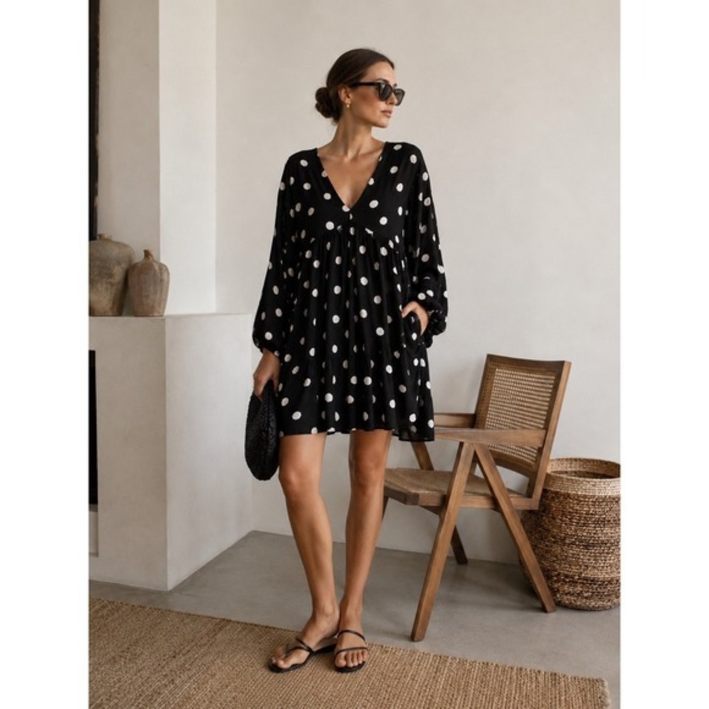 Black‎ Textured Polka Dot Oversized Babydoll Dress CBK Minimalist Euro Summer XL